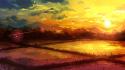 Sunset paintings mountains landscapes fields fantasy art wallpaper
