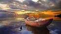 Water sunset clouds animals orange boats vehicles skies wallpaper