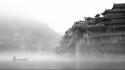 China fog mist boats castle man made wallpaper