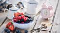 Food clocks spoons strawberries blueberries keys rasberries wallpaper