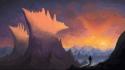 Sunset mountains fantasy art artwork wallpaper