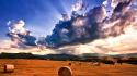 Mountains clouds landscapes nature fields sun rays wallpaper