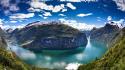Mountains clouds landscapes nature norway rivers fjord geiranger wallpaper