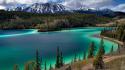 White forests lakes turquoise waters snowy peaks wallpaper