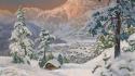 Mountains snow trees artistic houses drawings villages wallpaper
