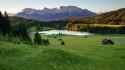 Mountains landscapes houses lakes alps meadows wallpaper