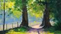 Paintings landscapes nature trees fences between wallpaper