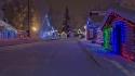 Snow trees streets houses christmas lights evergreens wallpaper