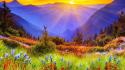 Mountains landscapes nature sun trees flowers grass scenic wallpaper