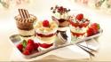 Food desserts spoons raspberries strawberries pudding wallpaper