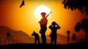 Sunset soldiers sun trees dogs weapons roads wallpaper