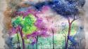 Paintings trees multicolor forests artwork watercolor forest wallpaper