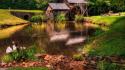 Green landscapes nature forests grass mill rivers watermill wallpaper