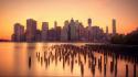 Cityscapes dawn usa new york city manhattan skyline wallpaper