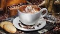Cups brown coffee beans drinking cream and milk wallpaper