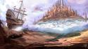 Ships fantasy art artwork floating island cities wallpaper