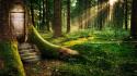 Door fairy tales forests grass houses wallpaper