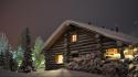Evening log cabin pine trees snow windows wallpaper