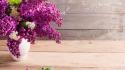 Flowers lilac vases wooden planks wallpaper