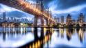 Manhattan roosevelt island bridges city lights night wallpaper