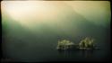 Digital art houses islands lakes mist wallpaper