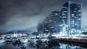 Blue cityscapes ships boats skyscrapers dockland wallpaper