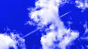 Aircraft blue clouds contrails skyscapes wallpaper
