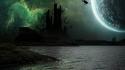 Moon alien landscapes artistic castles fantasy art wallpaper